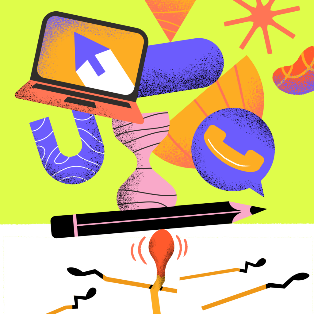 An abstract illustration of a laptop, a phone, and a pencil balancing on a match that is almost burnt out.