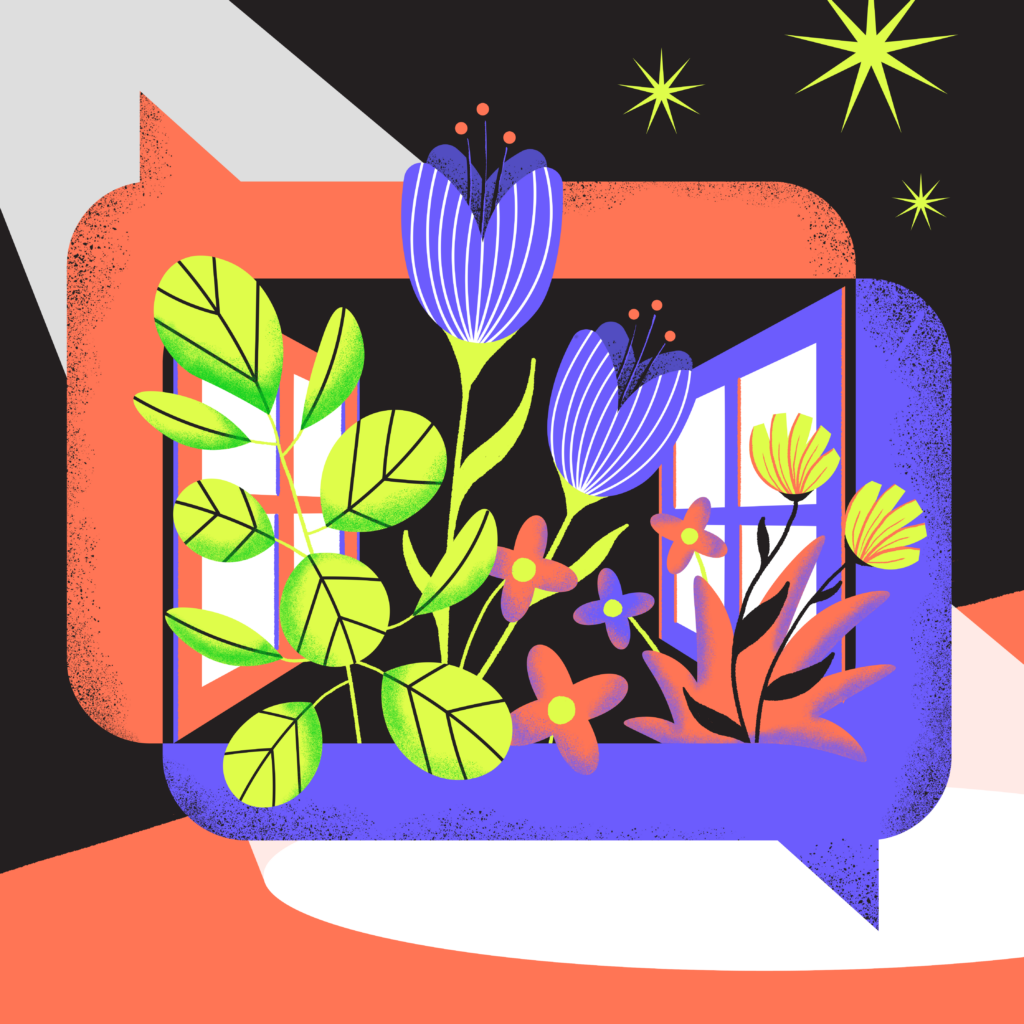 An abstract illustration of two speech bubbles intersecting, filled with a window grid pattern and flowers.