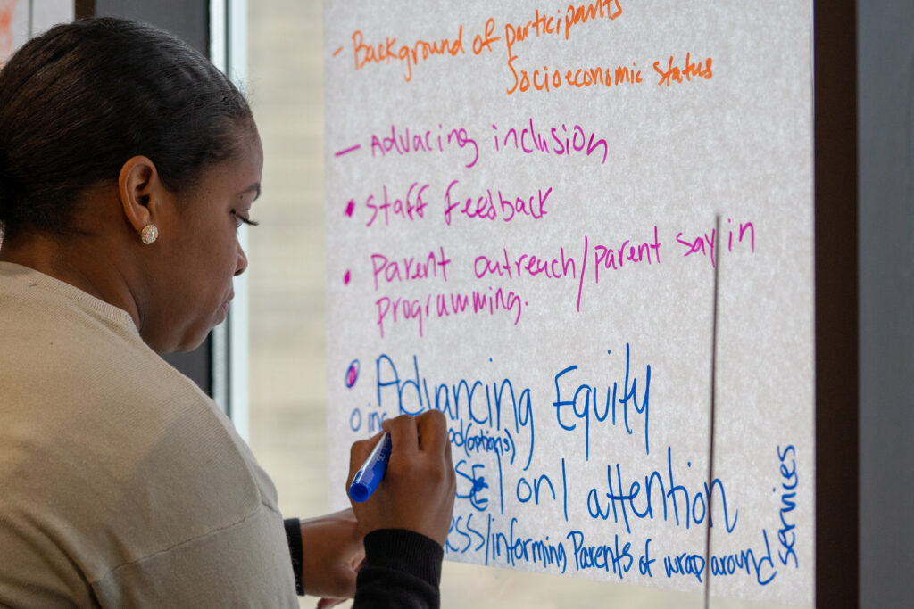 A person uses a marker to add words to poster paper that includes: "Background of participants socioeconomic status," "Advancing inclusion, staff feedback, parent outreach/parent say in programming," and "Advancing Equity."