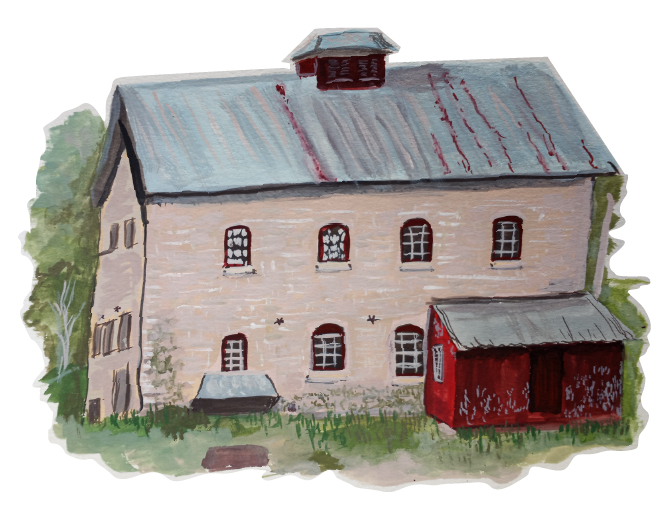 Illustration of a tan, brick mill building with a small red shack attached