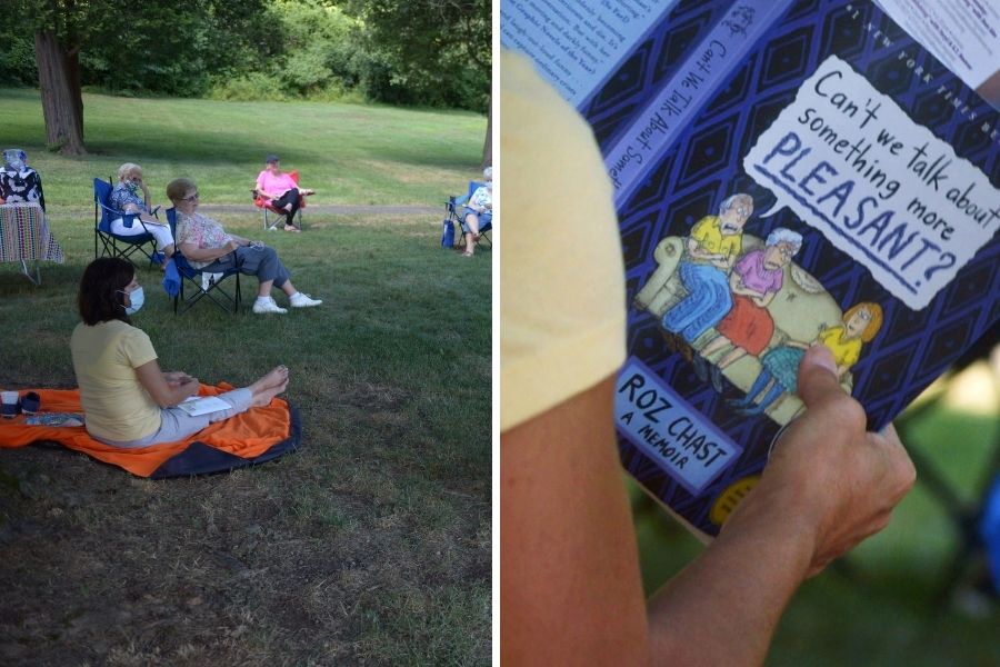 A grid of two photos; on the left: people are distanced from each other and sitting on chairs and blankets on the grass, and on the right: a close up of the cover of the book "Can't we talk about Something more Pleasant?" by Roz Chast.
