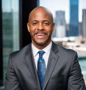 Headshot of bald man with medium dark skin tone in a suit and tie smiling