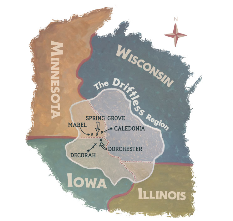 Illustration emphasizing an area where Wisconsin, Minnesota, Iowa, and Illinois meet, called the "Driftless region"