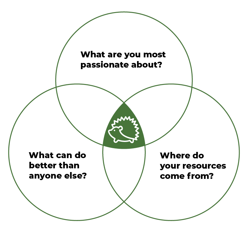A venn diagram with three criteria; "What are you most passionate about?", "What can you do better than everyone else?", and "Where do your resources come from?", with an image of a hedgehog at the intersection.