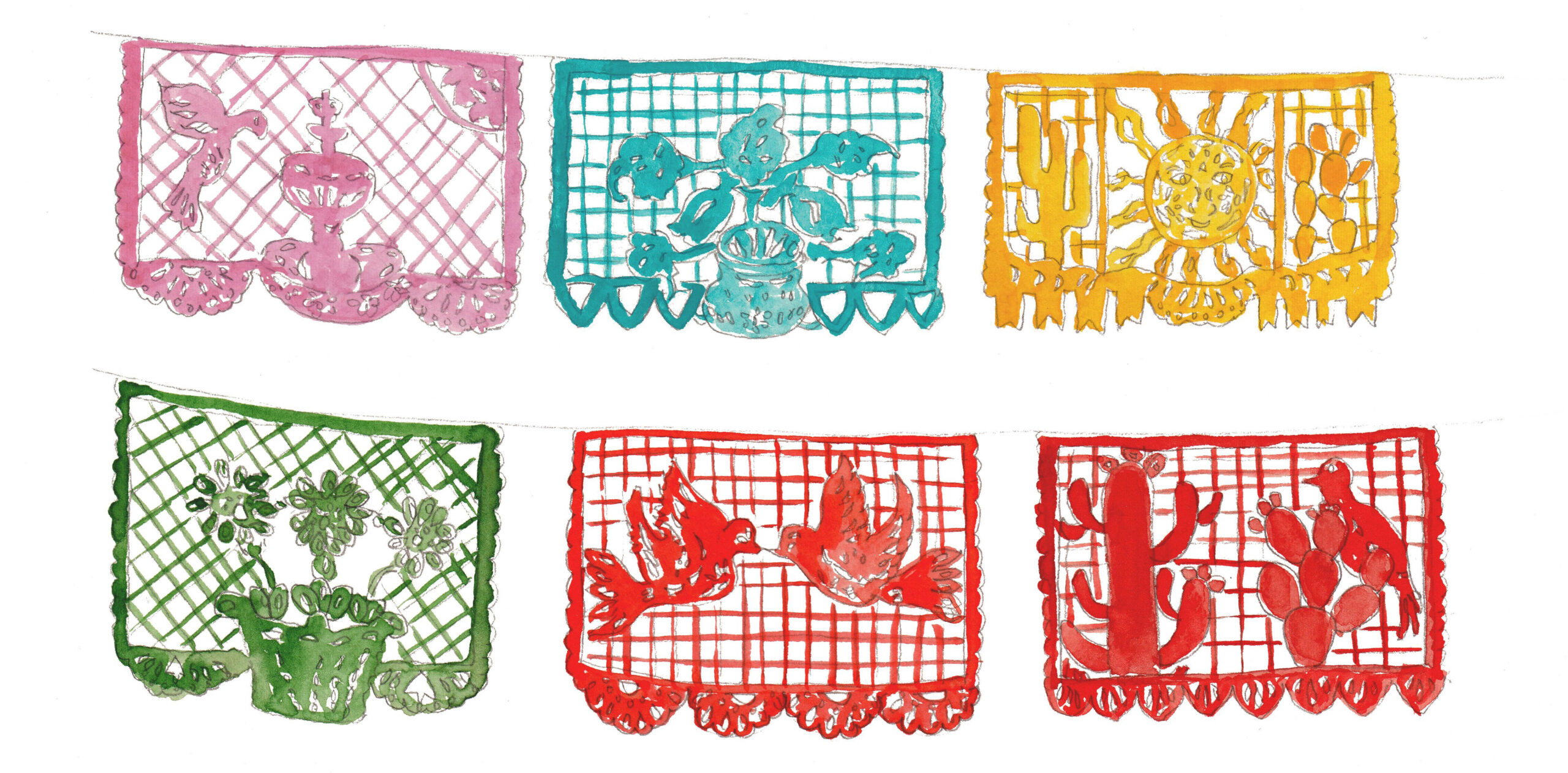 Papel Picado by Basak Notz, artwork featured at the National Museum of Mexican Art. There are six different vibrantly colored patch squares featuring different scenes, including a bird drinking out of a bath, a plant, a sun in the dessert, a pot of flowers, birds facing each other, and a bird posed on a cactus.
