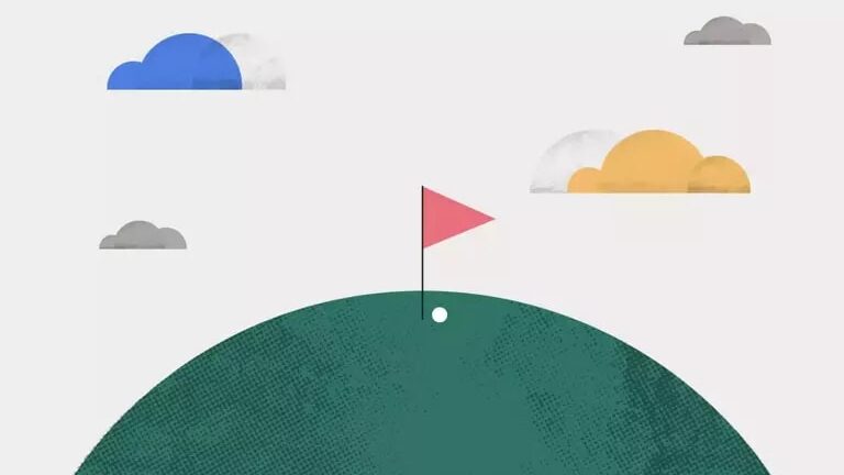 Illustration of a golf hole and flag on top of a grass hill