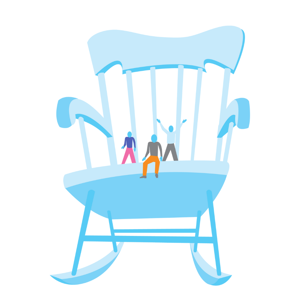 Illustration of three small people standing on a giant rocking chair, based on a landmark in Casey, IL.