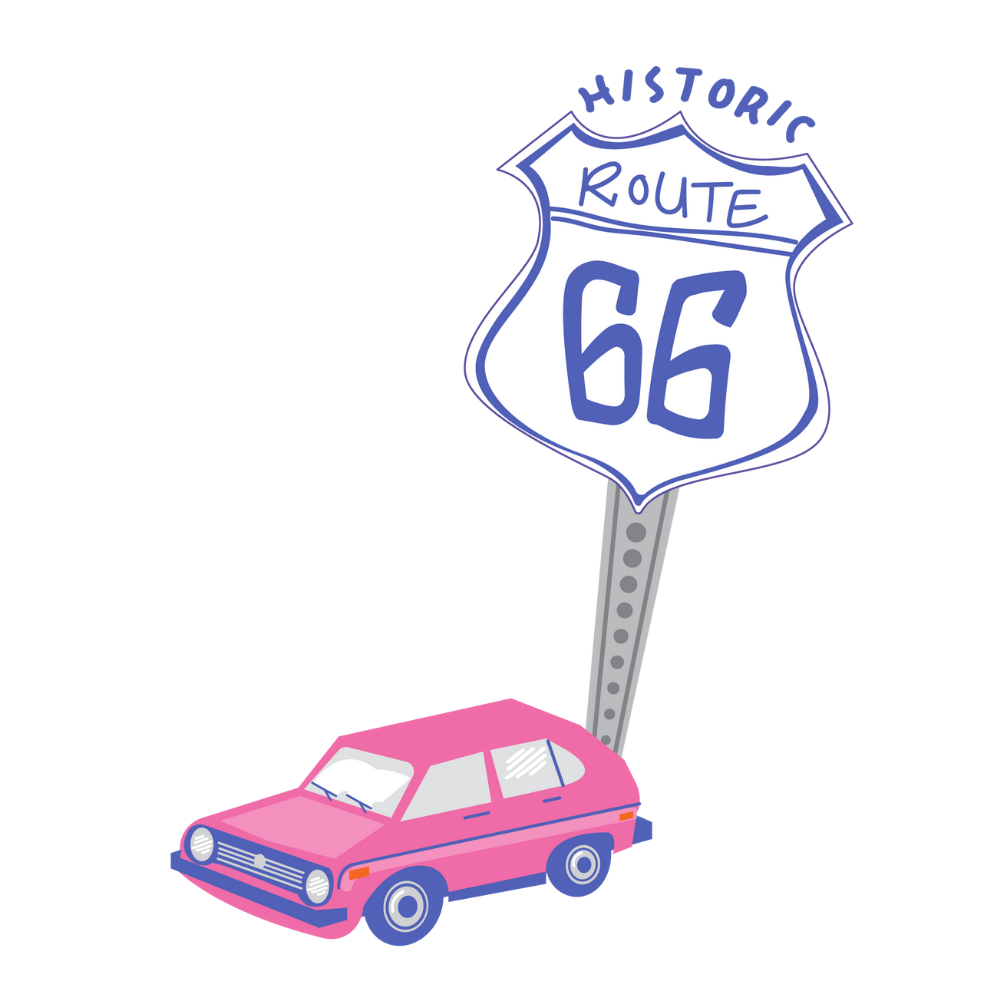 Illustration of a Route 66 highway sign next to a pink car in southern Illinois.
