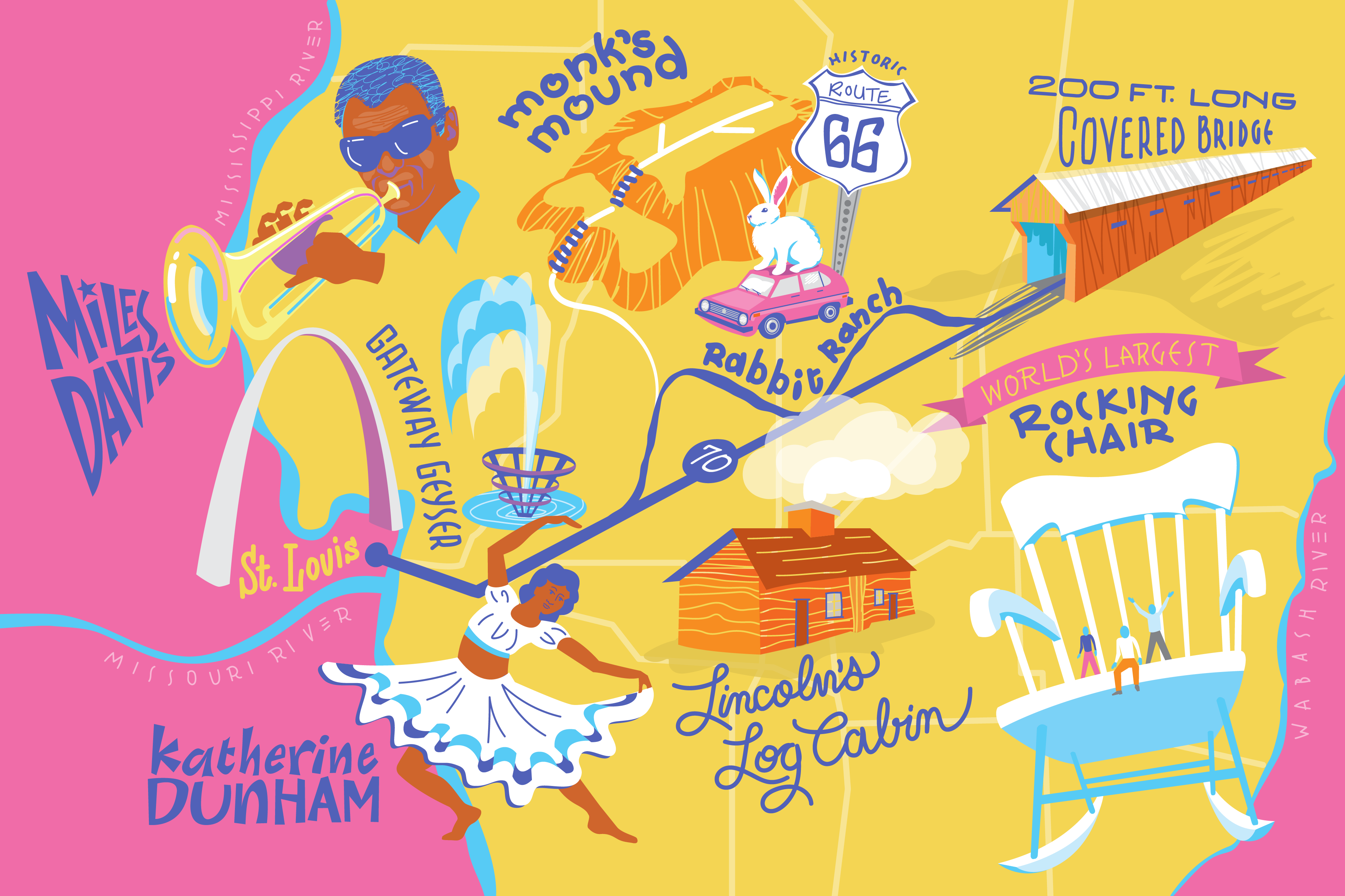 Illustration featuring highlights, landmarks, and notable people of southern Illinois.