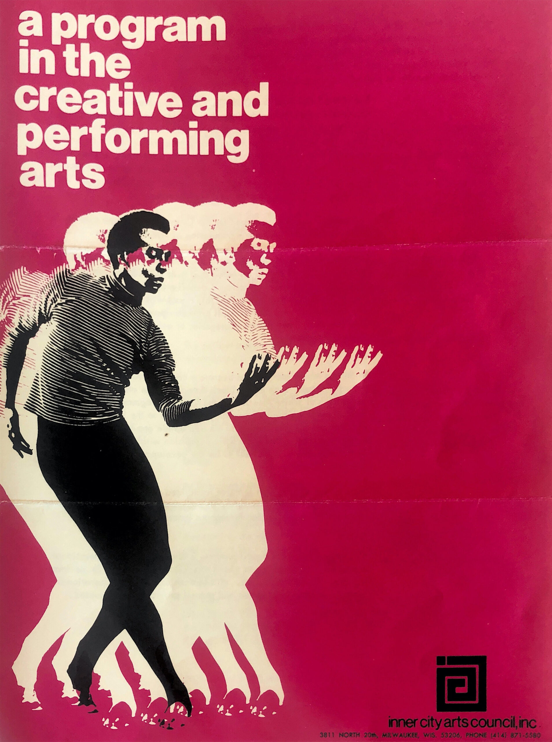 A program for a dance performance featuring a dancer on a solid red background and the words A Program in the Creative and Performing Arts
