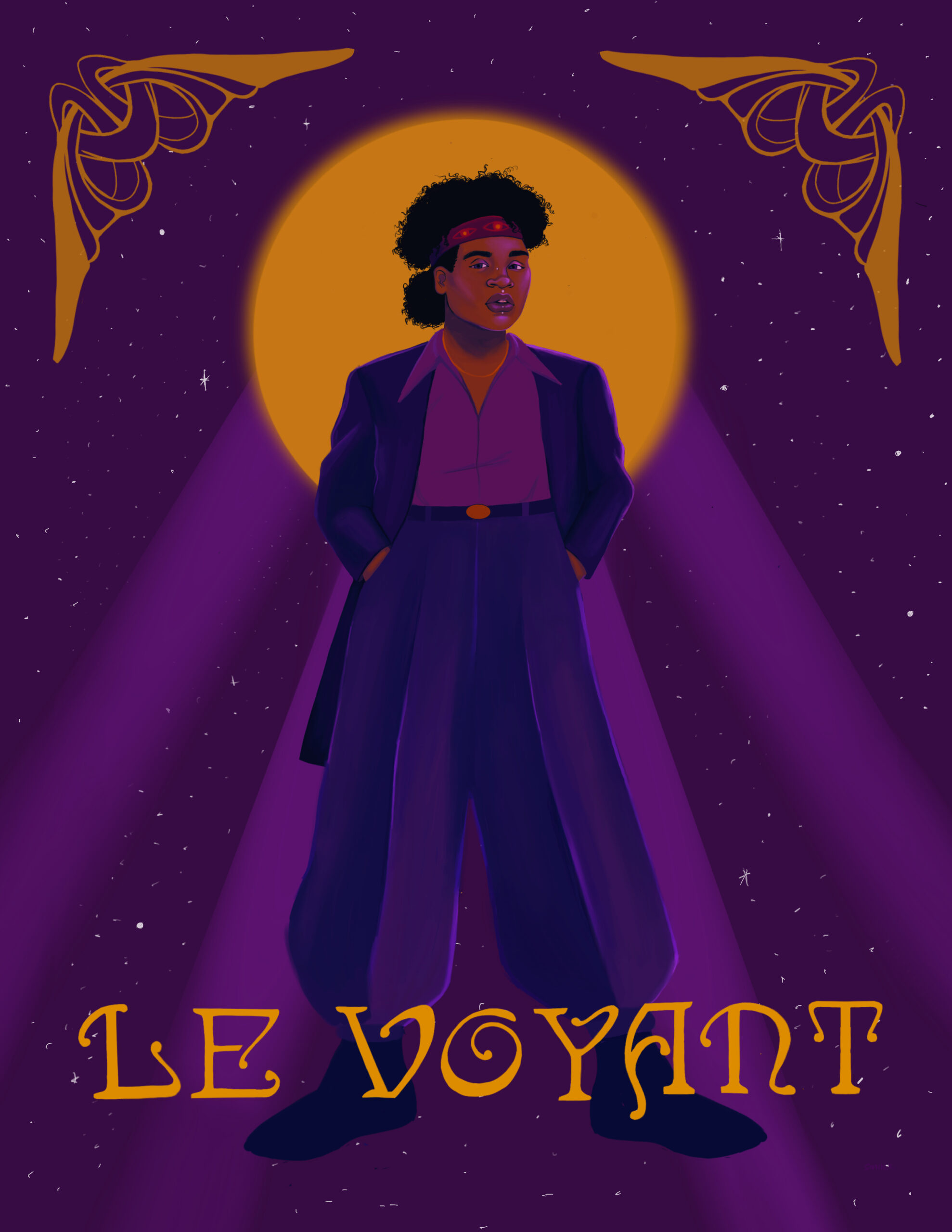 An illustration by Sophie Fesser depicts a character named Le Voyant, from their transgender superhero comic book. These superheroes are based on BIPOC trans community members Fesser met through the Minnesota Transgender Health Coalition.