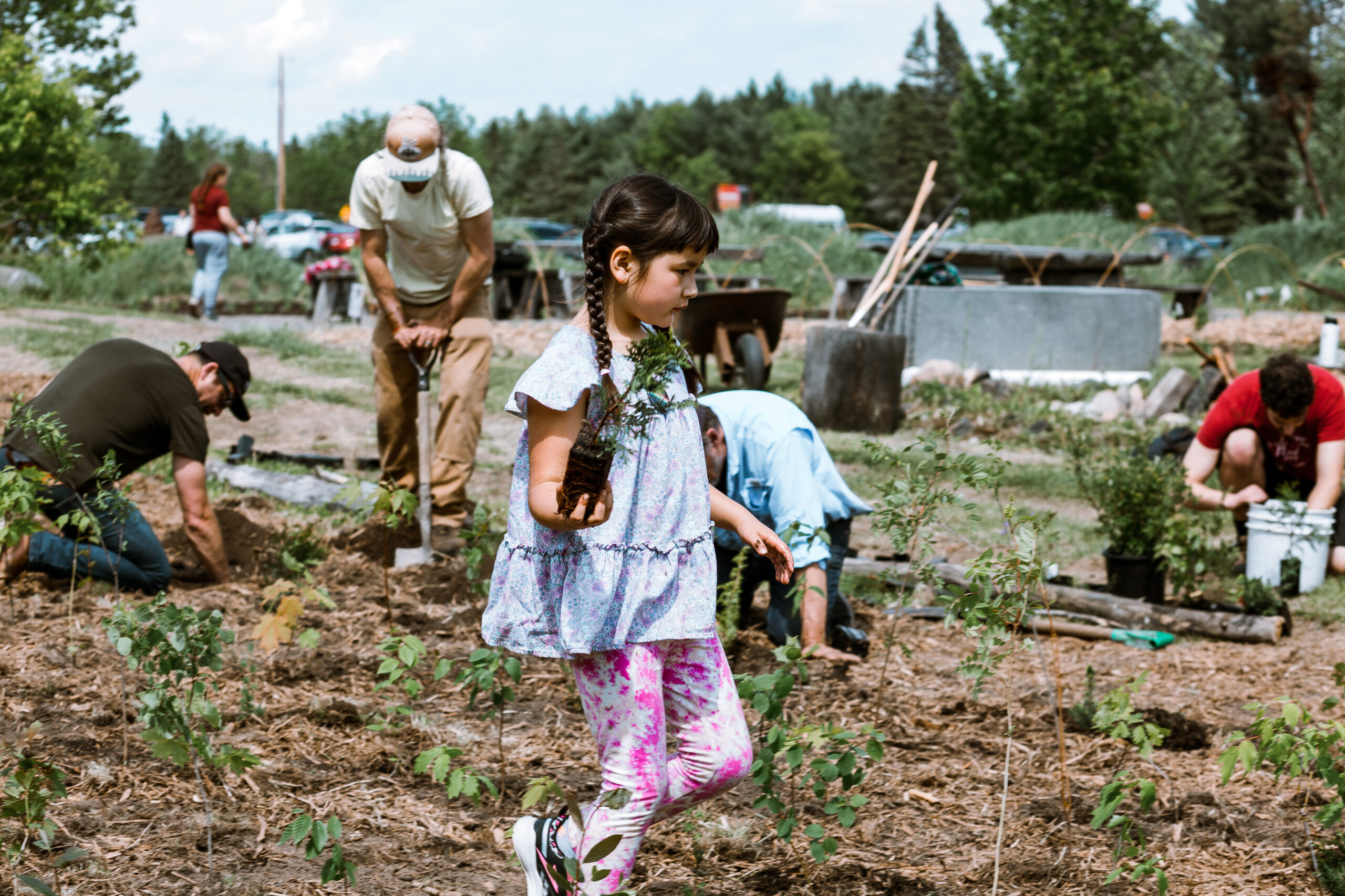 A child holding a seedling walking in front of several adults tending to an outdoor garden space.
