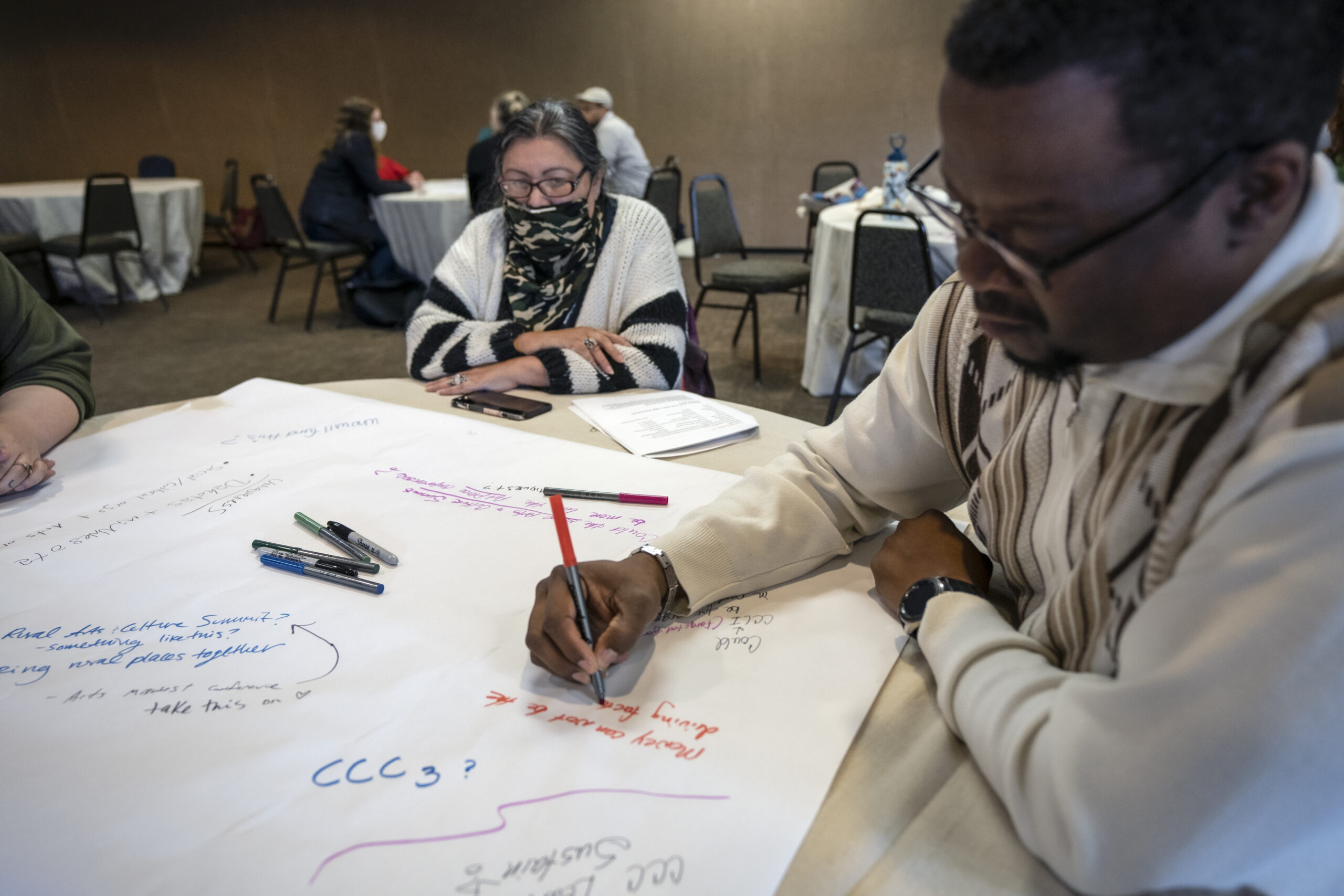 People seated at a table writing ideas on a large sheet of paper covering the table.