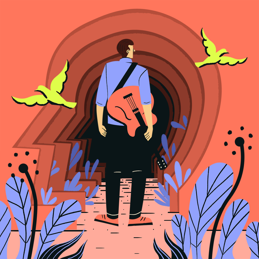 An illustration of a person from behind carrying a guitar over their back, surrounded by plants and birds, standing in front of an outline of a human head