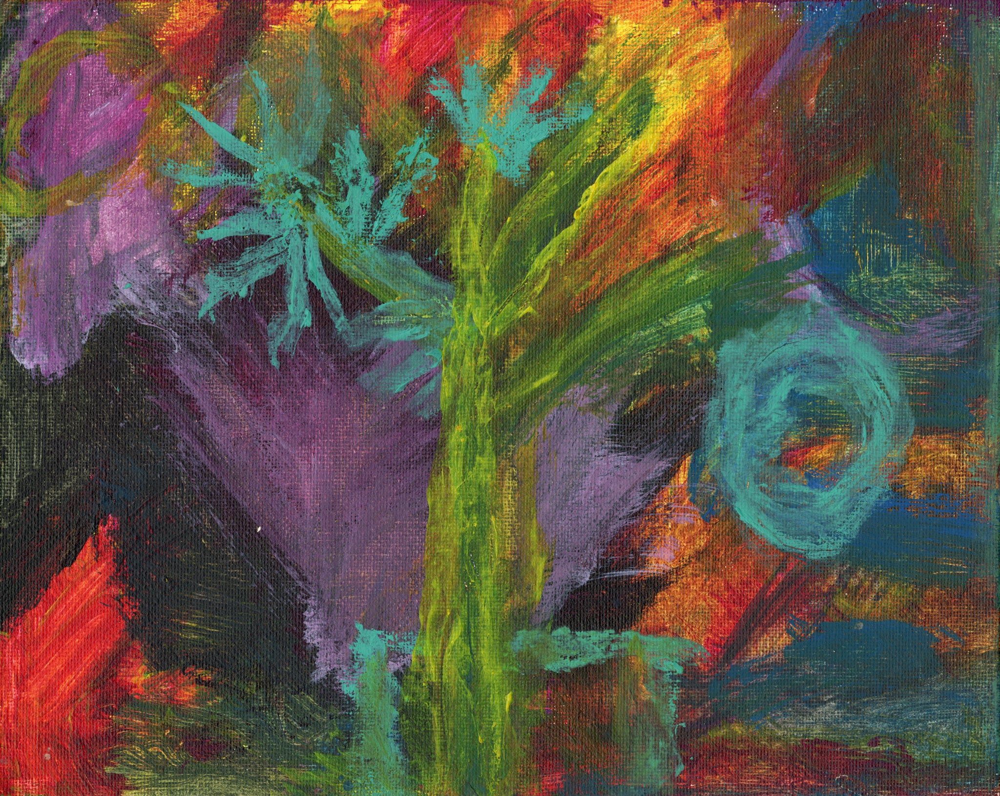 An abstract painting of a tree in vivid colors.