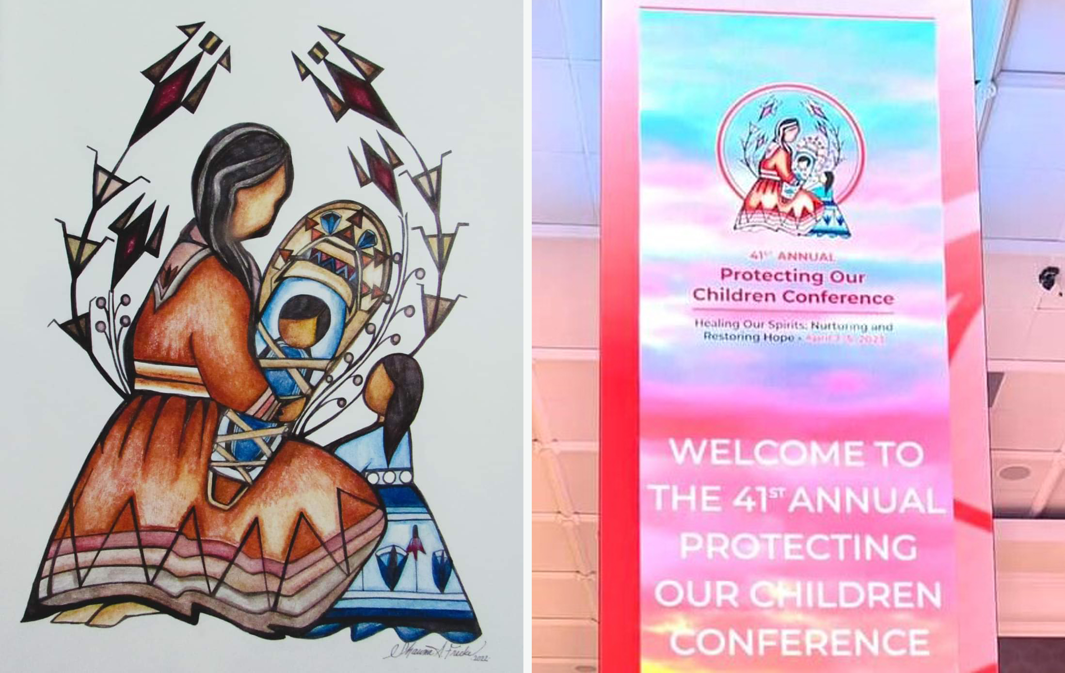 Two images side by side, one of an illustration of a Native woman and two children, and the other of a banner featuring the artwork and text that reads Welcome to the 41st Annual Protecting our Children Conference