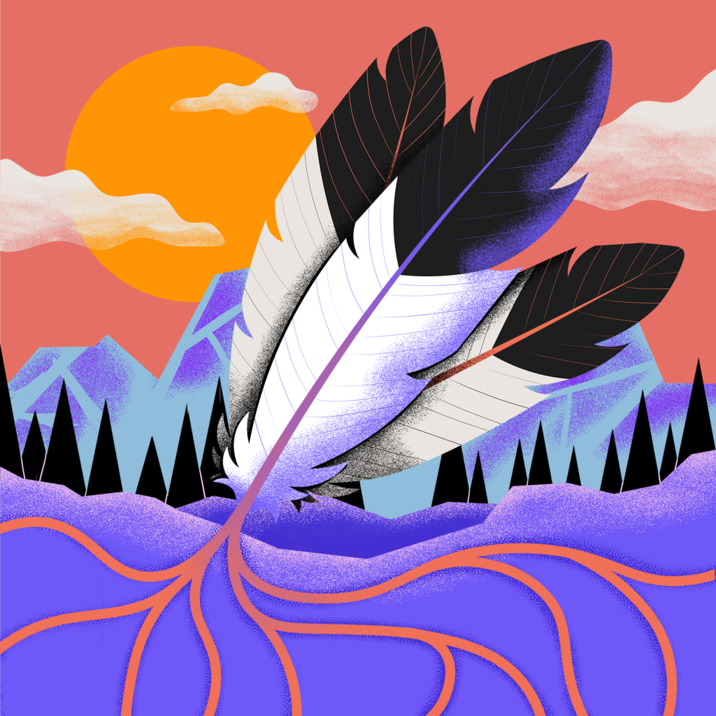 A colorful illustration of three feathers rooting into the ground