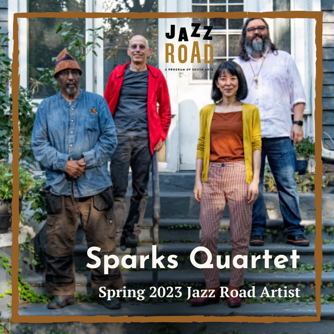 Four musicians stand on the stoop of a house with copy that reads Sparks Quartet overlaid on top