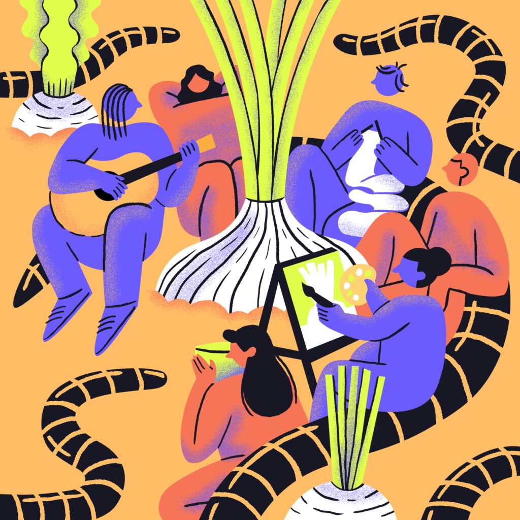 An illustration of people gathered around an onion sitting on worms and painting and playing music