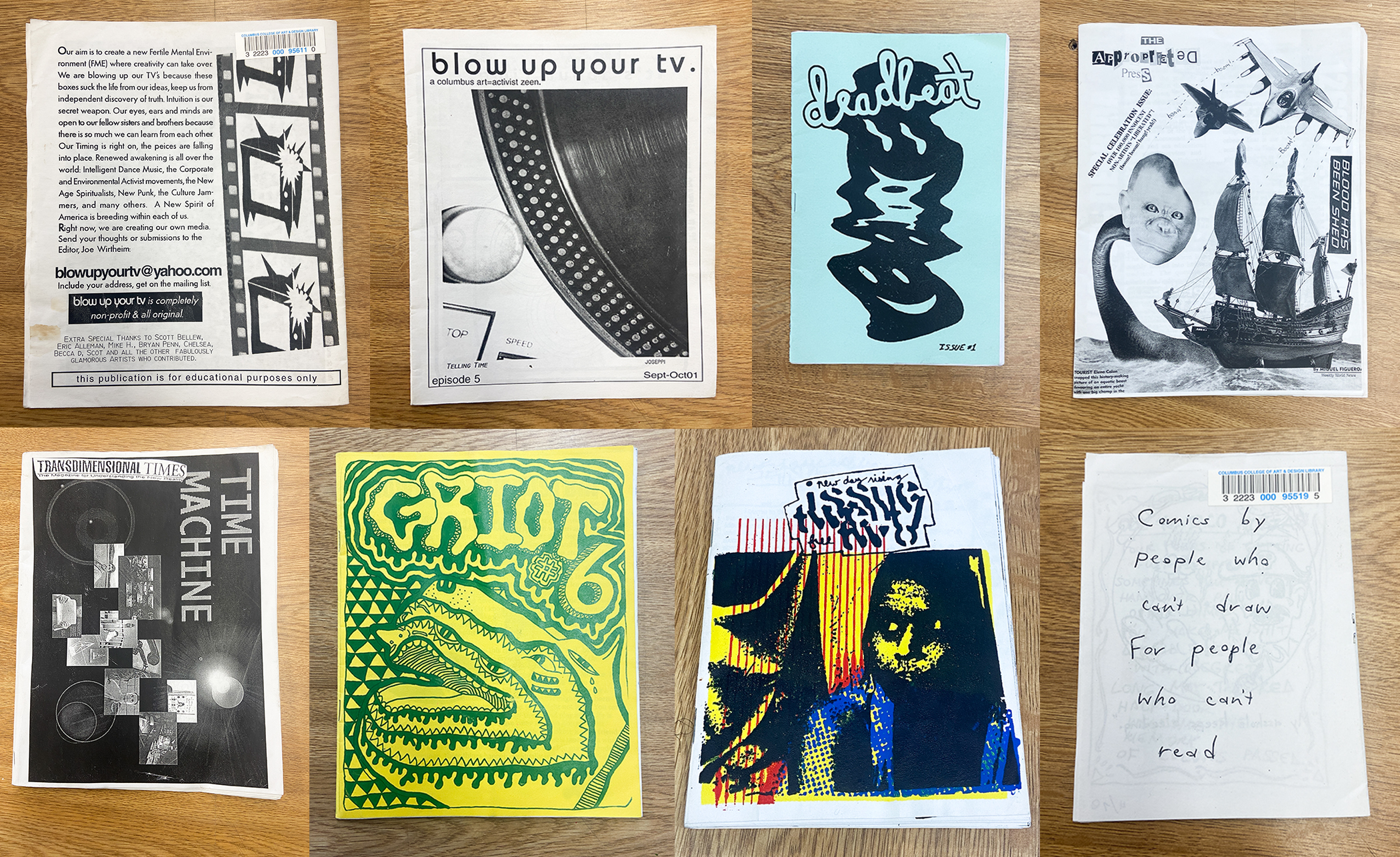 A selection of vintage zines with covers that read "Blow Up Your TV," "Dead Beat," and "Griot 6"