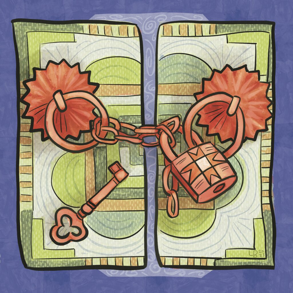 An illustration of a locked door with an intricate lock in vibrant patchwork colors