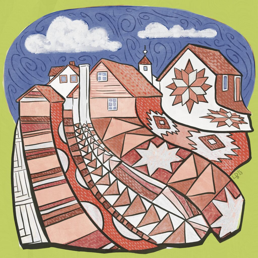 An illustration of a town made out of patchwork elements.