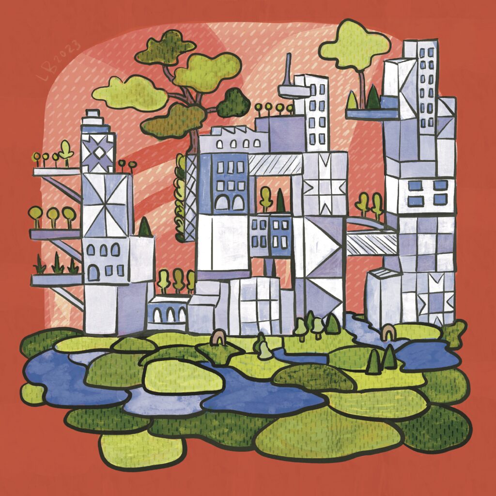 An illustration of lego-like buildings made of modular shapes and greenery surrounding the base of the structures up into the sky.