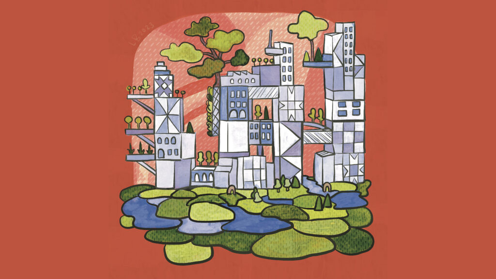 An illustration of patchwork high rises surrounded by greenery