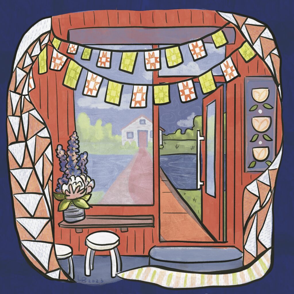 An illustration of a welcoming storefront with a colorful banner hung at the entrance
