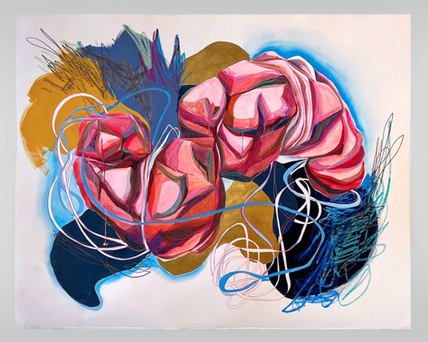 An abstract painting of a brain-like form, surrounded by colors and lines.