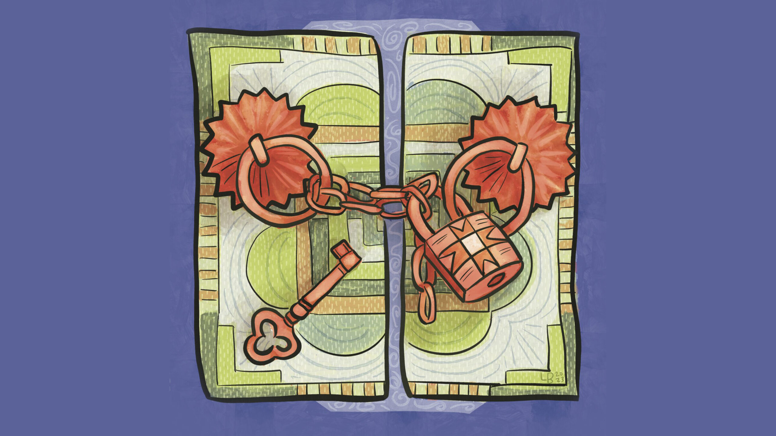 An illustration of a quilt with a lock across it