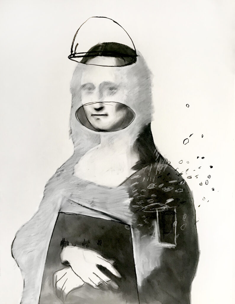 A drawing of the mona lisa in black and white. A film-like layer surrounds her face and body. Cut outs around her mouth, head, and hands show those body parts clearly.