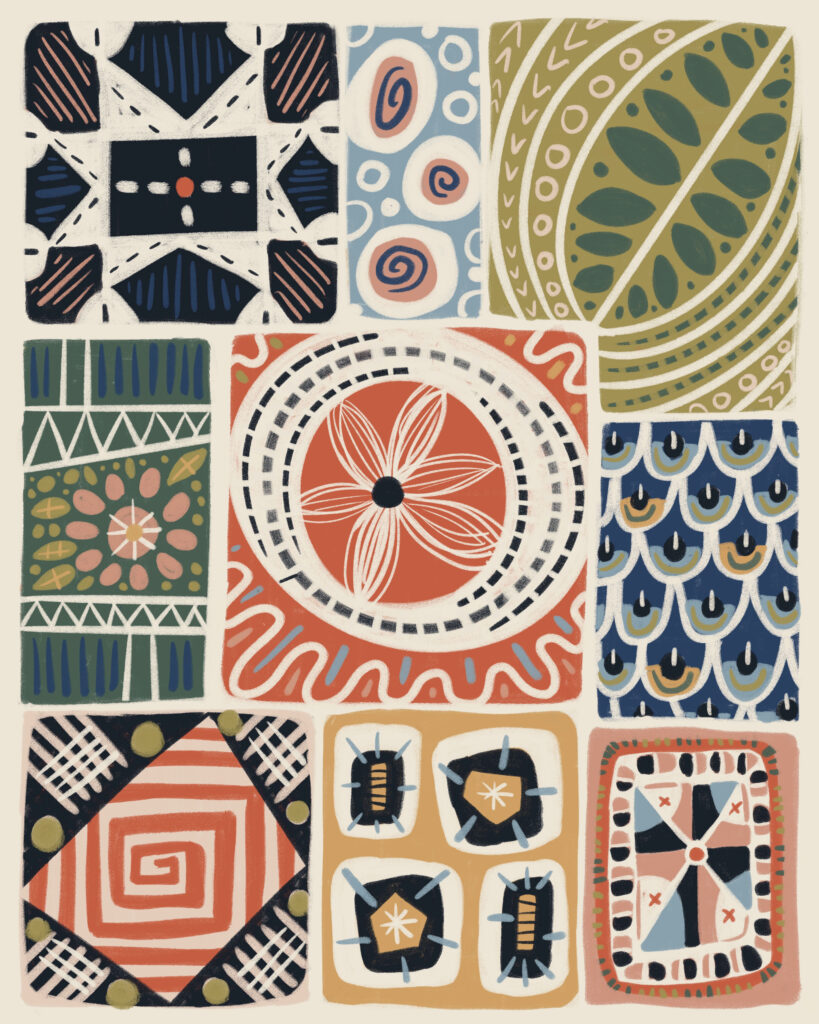 A colorful quilt-like design with various shapes and colors inspired by flowers, leaves, and scales.
