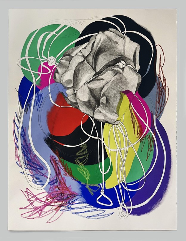 An abstract drawing of a crumpled up form surrounded by colors and lines.