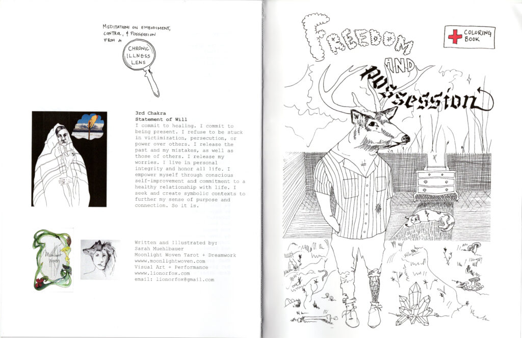 A page of a Zine with a drawing of a deer and a picture of a dog. The title reads Freedom and Possession.