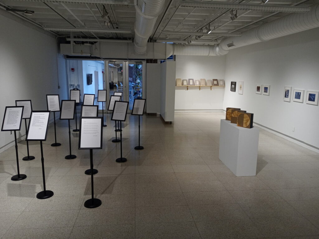 A gallery exhibiting a variety of artworks on its white walls and in its exhibition space. There is a collection of waist-height stands holding text-based works, while the walls are dotted with a line of two-dimensional works. There is also a set of white pedestals have a handful of three-dimensional works in the middle of the gallery space.