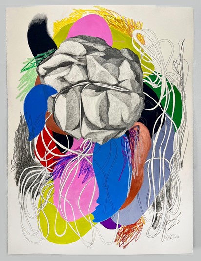 An abstract painting of a crumpled up form surrounded by colors and lines.