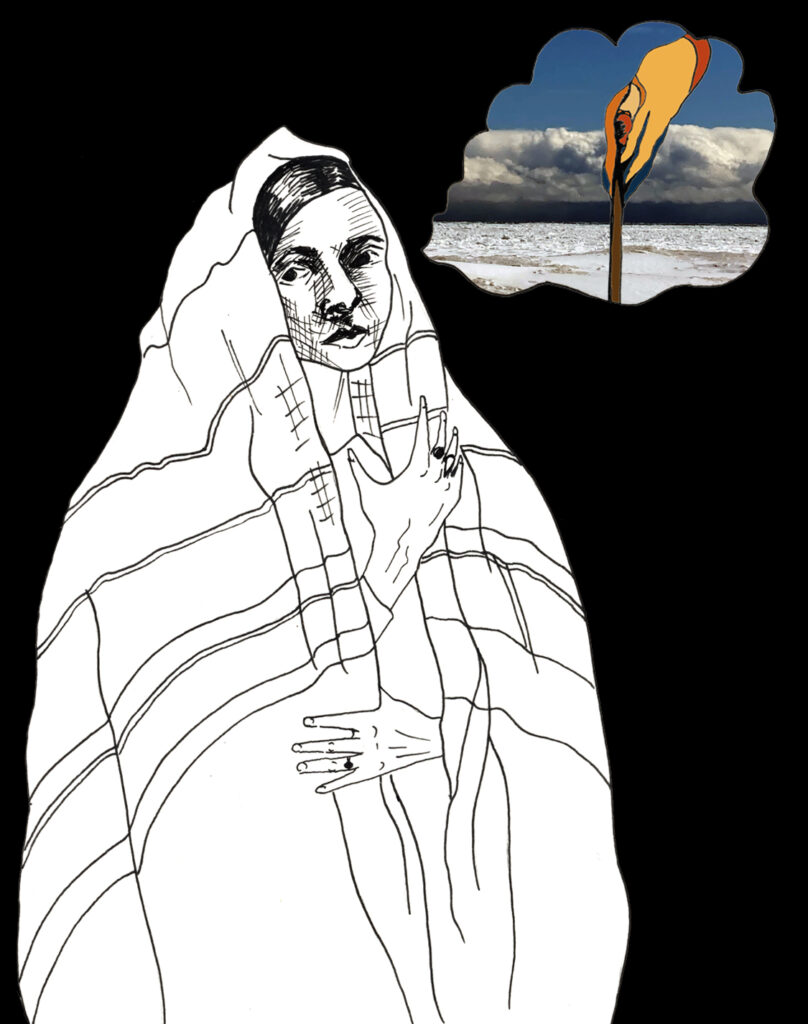 A drawing of a woman in a blanket with a collage of snow, clouds, and a lit match in top right hand corner.
