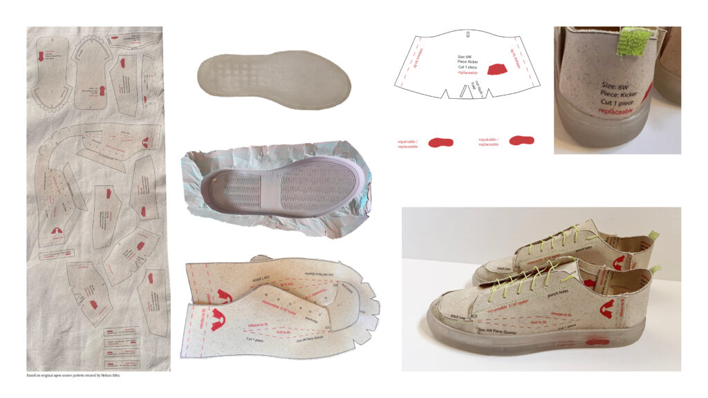 A series of photos showing the progression of creating a pair of shoes from salvaged canvas.