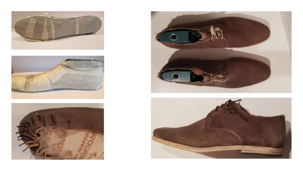 A series of photos showing the progression of creating a pair of shoes from recycled leather.