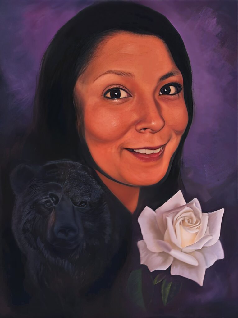 A painted portrait of a smiling woman with long dark hair on a purple background. A black bear and a white rose appear in the foreground.