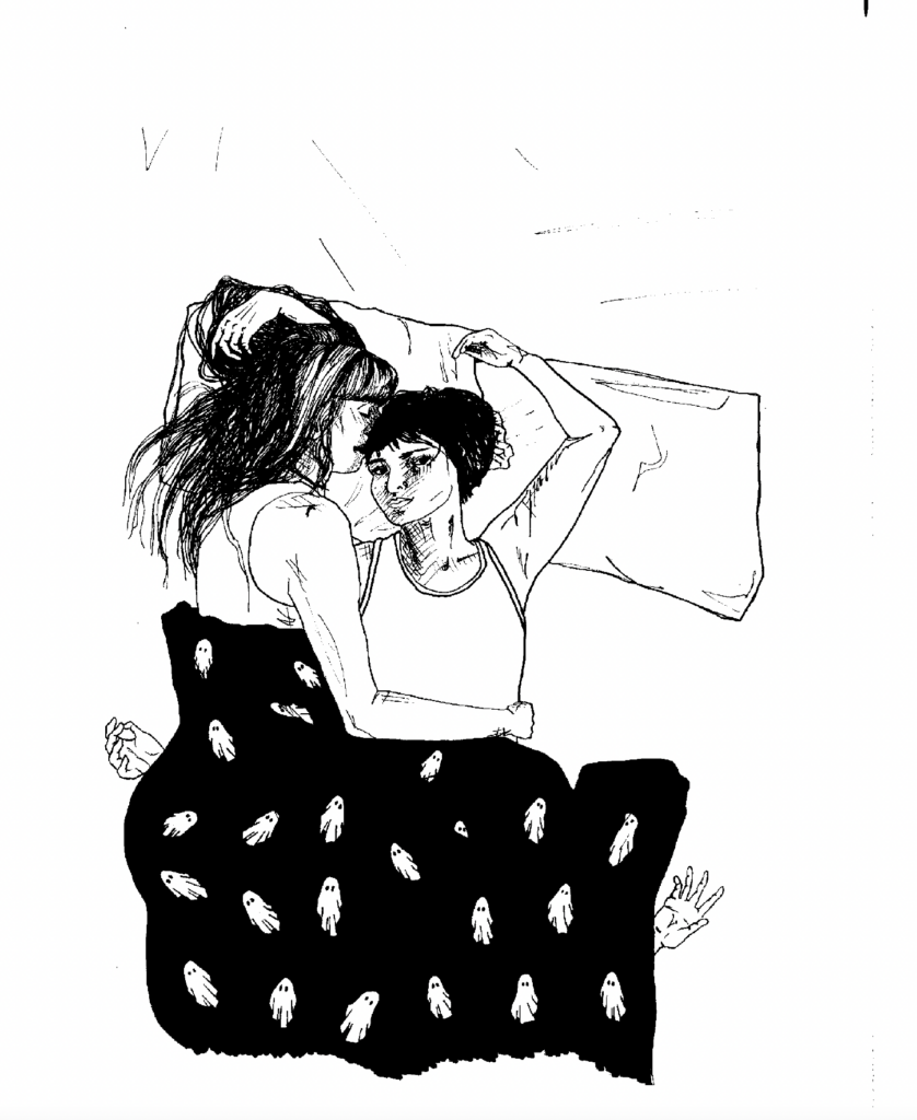 A black and white drawing of two people hugging each other in a bed, covered with a blanket with with a ghost pattern.
