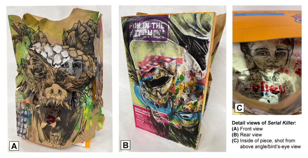 A collage on a cereal box and brown paper bag. From the front and back, a monstrous face and an upside down face of blank terror are visible. On the inside of the box, a small child can be seen.