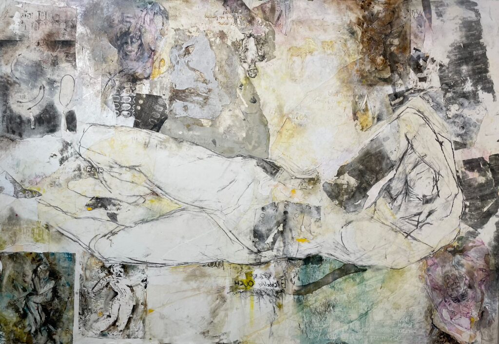An abstract painting of a person laying sideways, their hands above their head on a collaged background of other bodies and forms.