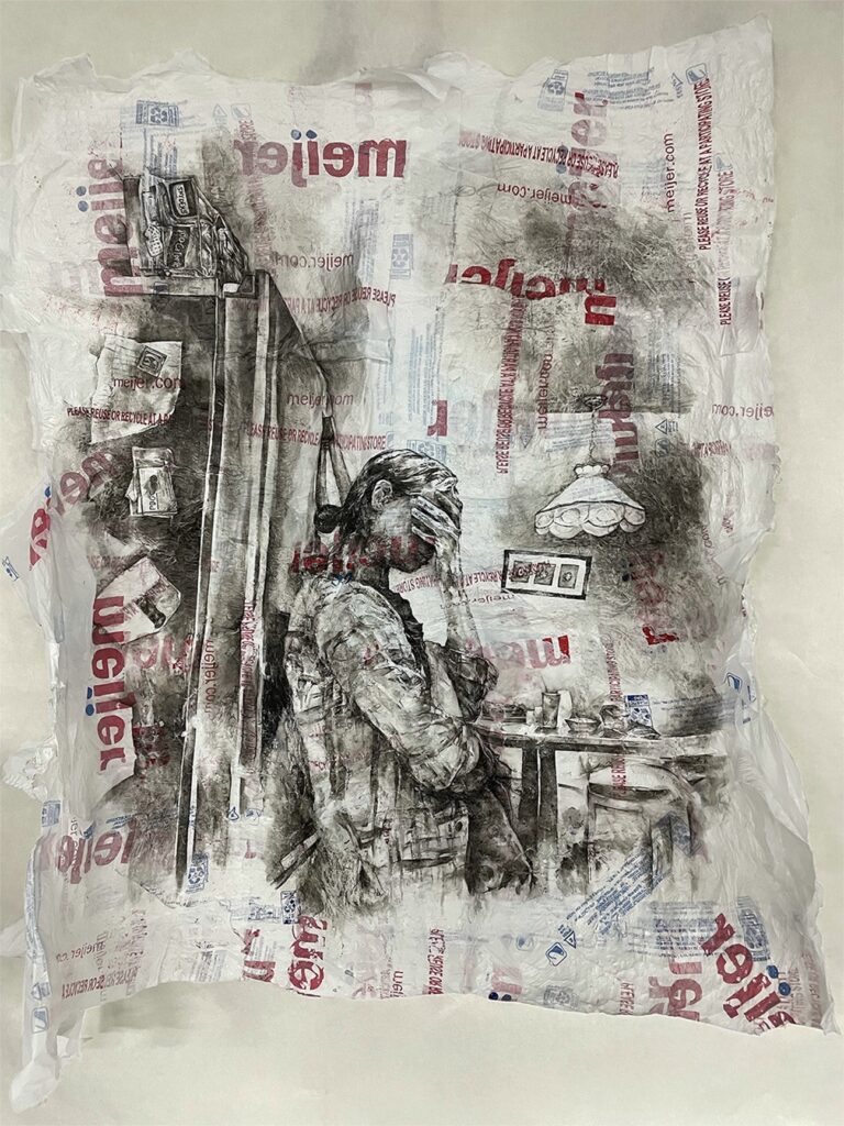 A drawing of a woman leaning against a fridge with her hand on her face. It is painted on old grocery bags from Meijer.