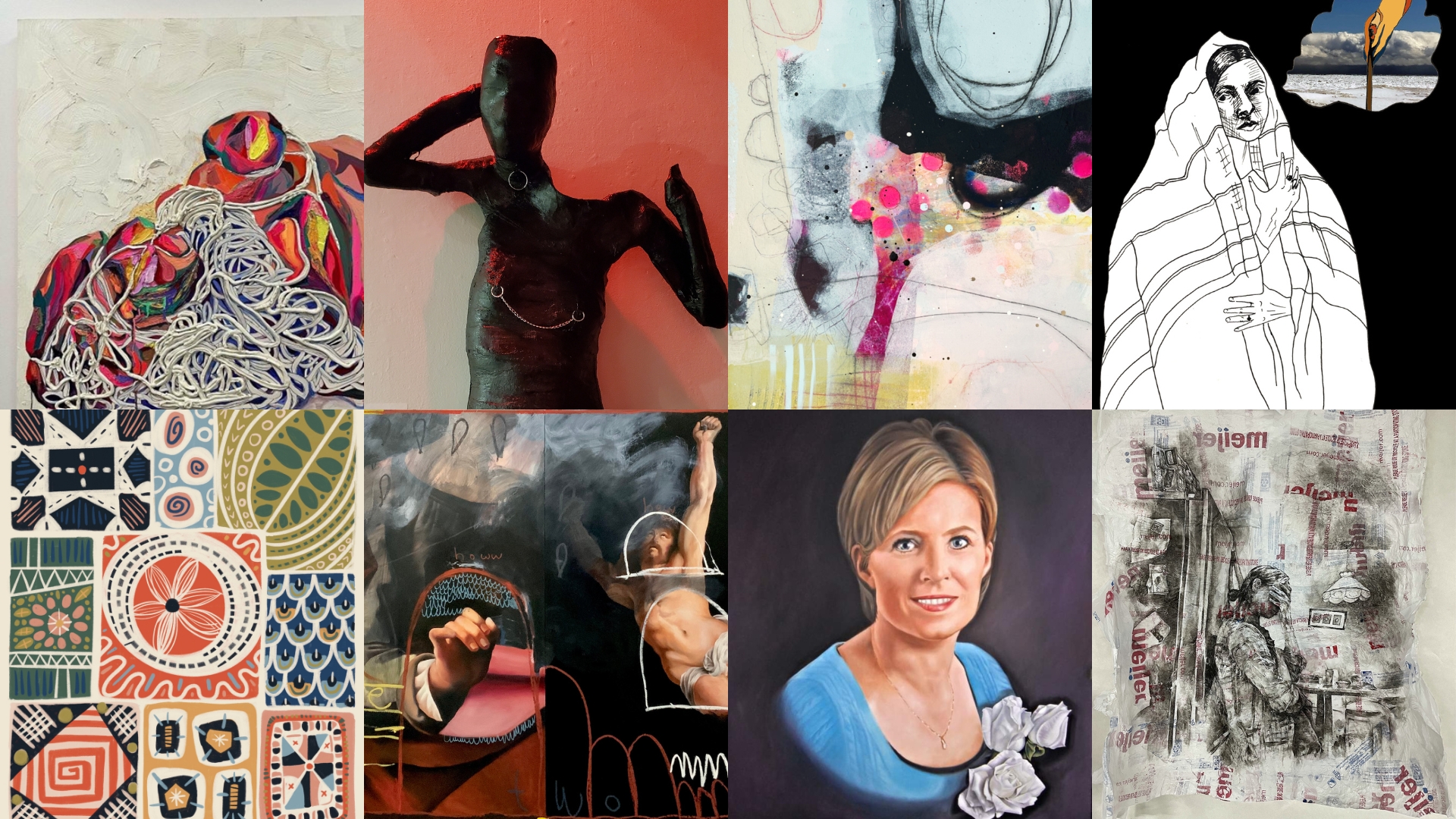 A collage of various artworks, including a portrait of a woman.