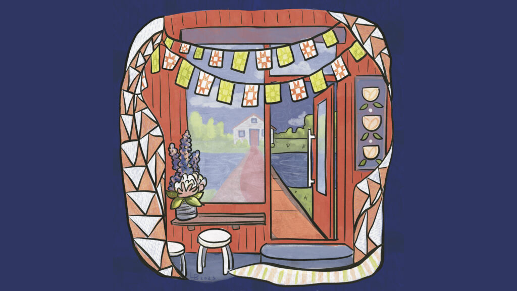 An illustration of a welcoming storefront with a colorful banner hung at the entrance