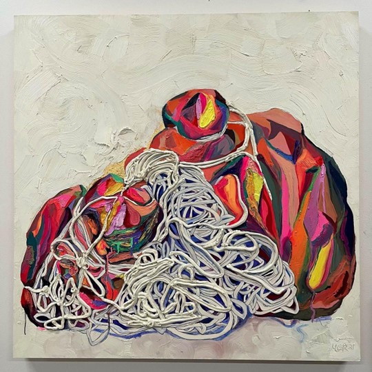 A painting of a pile of colorful yarn-like material, woven in and around a colorful rock-like object.