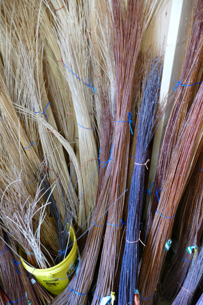 An assortment of dried and graded willow stands in bundles. They are of different colors ranging from purples, deep reds, to browns. The ones of shorter lengths are stored in a yellow hardware bucket.