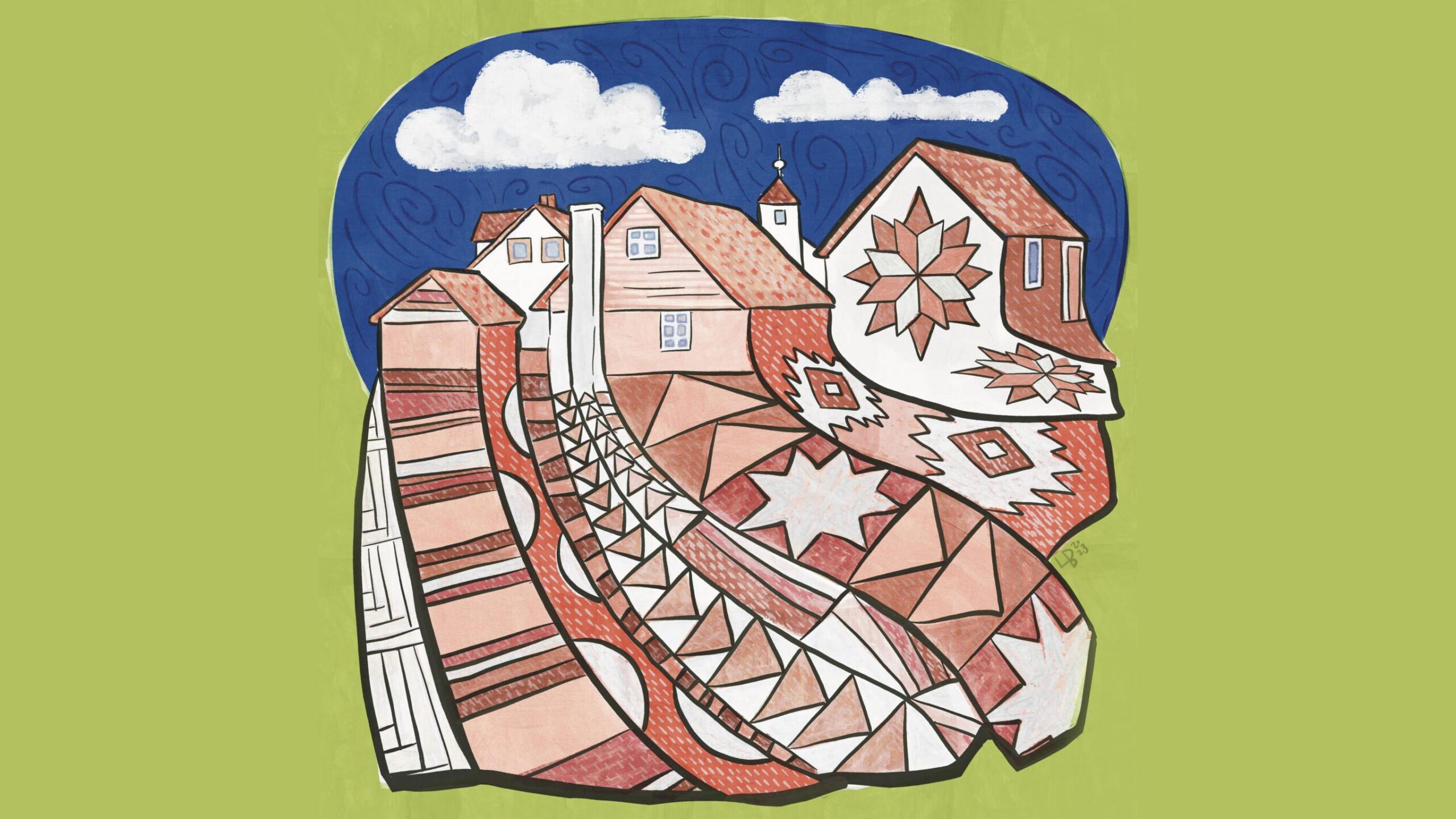 An illustration of a patchwork town with buildings that turn into undulating patterns